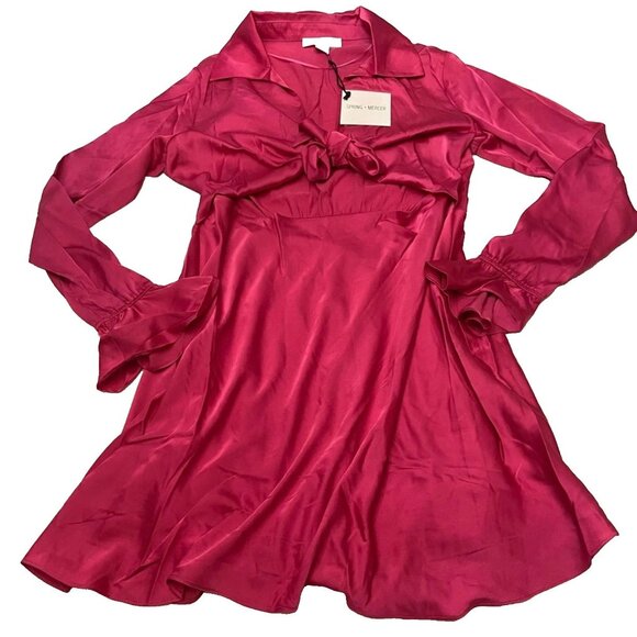 Spring & Mercer Dress XL Pink Long Flutter Sleeve Tie Front Cut Out Party NEW - Picture 2 of 5